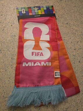 Official FIFA Soccer World Cup 2026 Miami Fan Scarf NEW Pink WHITE Teal Fringe